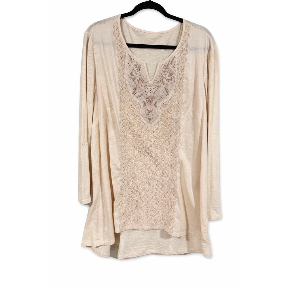 Boho Ivory Lace Crochet Tunic Top Womens M‎ Long Sleeve Embroidered Cotton